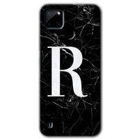MRCİLETİSİM Realme C21 Kılıf Baskılı Kapak - Siyah Mermer Desenli R Harfi + 5D Tam Kaplayan Cam