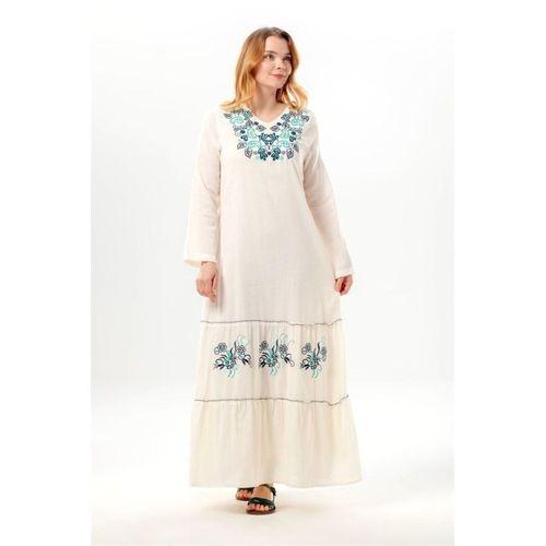 Uzun Kol Venedik Nakışlı Şile Bezi Otantik Uzun Elbise Krem Krm