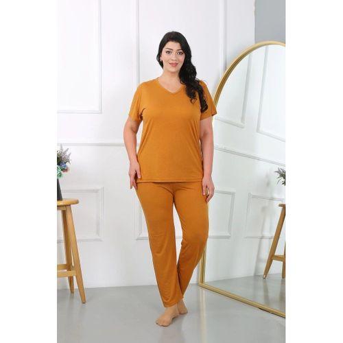 Kadın Büyük Beden Kısa Kol Penye Pijama Takımı Hardal