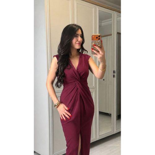 Kadın Kısa Kollu V Yakalı önü Sarmal Detaylı Yırtmaçlı Sandy Midi Elbise