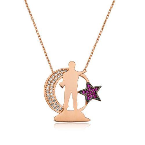 Lucky Life 925 Ayar Gumuss  Rose Ay Yıldız Asker Bayan Kolye