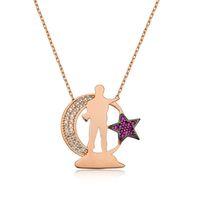 Lucky Life 925 Ayar Gumuss  Rose Ay Yıldız Asker Bayan Kolye