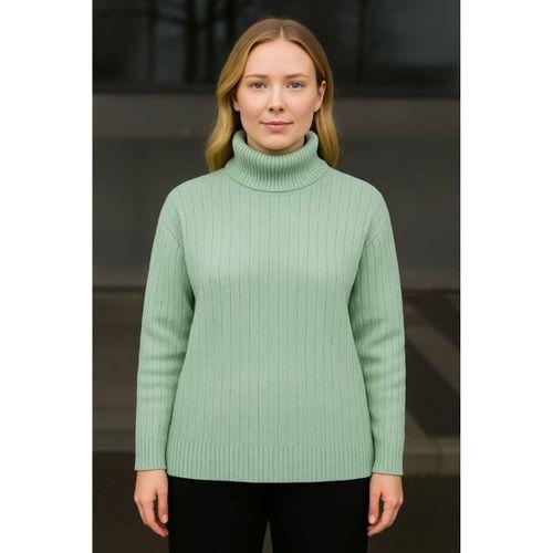 Balıkcı Yaka Bağazlı Triko Kazak Pamuklu Kalın Fitilli Dokuma - Mint Yeşili