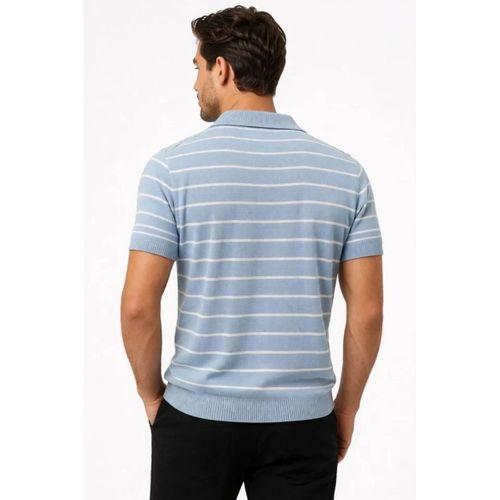 Erkek Triko Polo Yaka Fermuarlı Çizgili Tişört T-Shirt Yazlık Şık - Bebek Mavisi