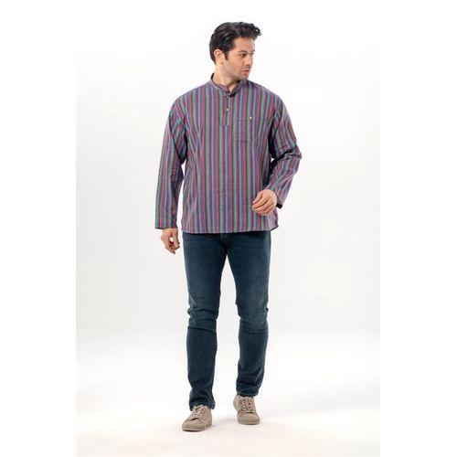 Uzun Kol Şile Bezi Tek Cepli Hakim Yaka Erkek Yazlık Tshirt Mor Çizgili 3072