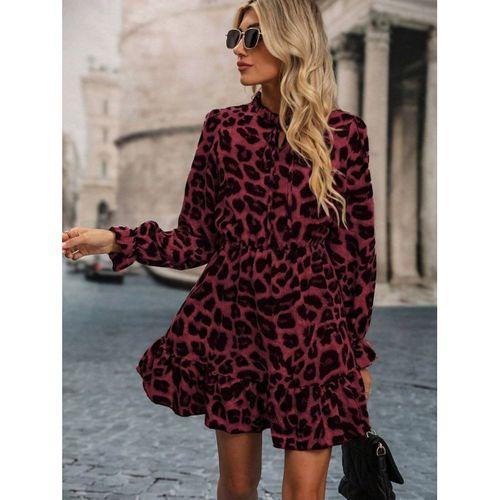 Kadın Uzun Kollu Yakadan Bağcıklı Modal Leopar Desenli Mini Elbise