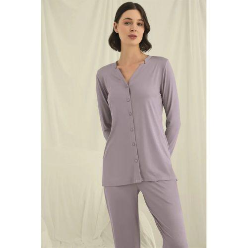 Uzun Kollu Düğmeli V Yaka Pijama Takımı