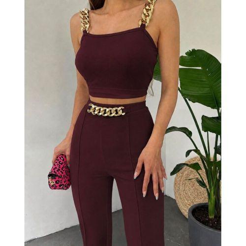 Kadın Zincir Askılı Krop Ithal Krep Bluz Ve Pantolon Ikili Takım