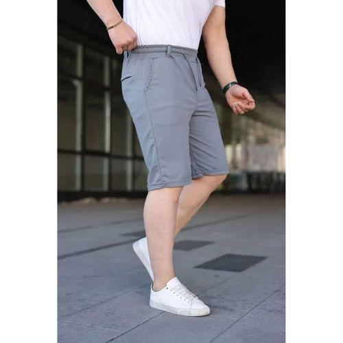 Erkek Diagonel Kumaş Duble Paça Cepli Bağcıklı Bel Lastikli ŞORT - Gri