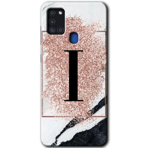 MRCİLETİSİM Samsung Galaxy A21s Kılıf HD Desen Baskılı Arka Kapak + Temperli Cam - Pembe Mermer Desenli I Harfi
