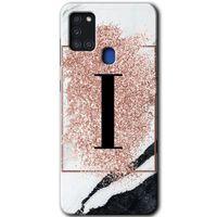 MRCİLETİSİM Samsung Galaxy A21s Kılıf HD Desen Baskılı Arka Kapak + Temperli Cam - Pembe Mermer Desenli I Harfi