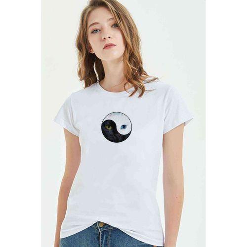 Ying Yang Cat Kedi Baskılı Beyaz Kadın Tshirt