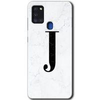 MRCİLETİSİM Samsung Galaxy A21s Kılıf Baskılı Kapak - Beyaz Mermer Desenli J Harfi +Tam Kaplayan Mat Seramik
