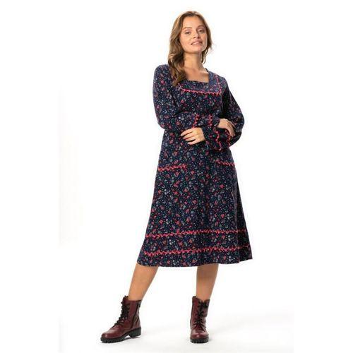 Uzun Kol Firdevs Kare Yaka Cep Detaylı Kısa Kışlık Pazen Elbise Çiçek Desen Lacivert Lcvt