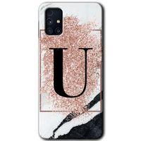 Potkal Hediye Fabrikası Samsung Galaxy M31s HD Baskılı Kılıf + 9D Tam Ekran Koruyucu - Pembe Mermer Desenli U Harfi