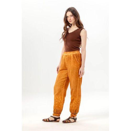Beli Lastikli İnka Bilekten Bağlamalı Otantik Nakışlı Kadın Poplin Pantolon Hardal Hrd