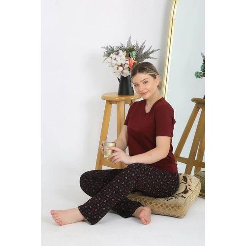 Kadın Kısa Kol Pamuk Penye Pijama Takım Bordo