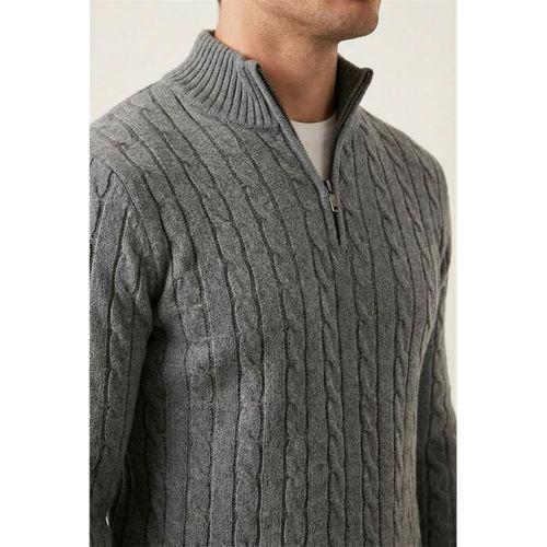 Bardem Saç Örgülü Yarım Fermuar Erkek Triko Kazak - Füme