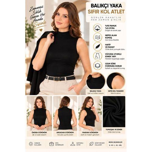 Kadın Balıkçı Yaka Sıfır Kol Atlet Siyah, Esnek Kumaş, Vücuda Oturan Basic Kolsuz Body - ryl - 2614