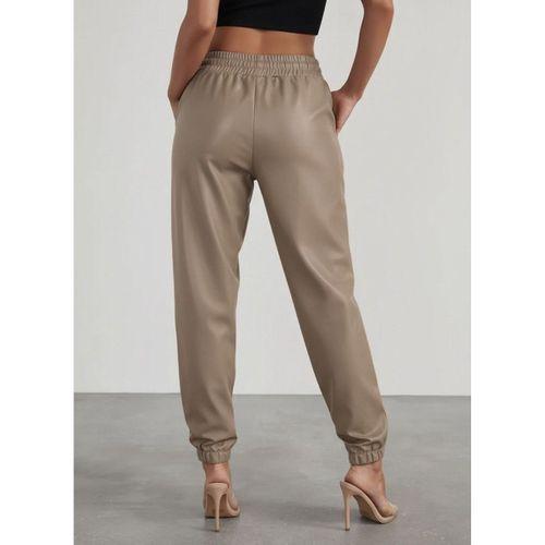 Kadın Yüksek Bel Lastikli önü Düğmeli Deri Pantolon