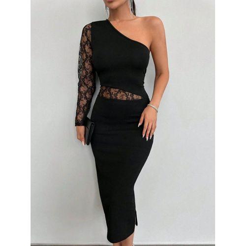 Kadın Siyah Tek Kol Dantel Detay Omuz Dekolte Krep Elbise