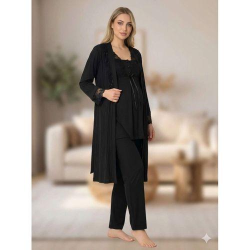 Bone 6205 Kadın 3'lü Jakarlı Sabahlıklı Lohusa Pijama Takımı