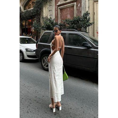 Trisha Sırt Dekolteli Keten Elbise 2496-20 ELBİSE