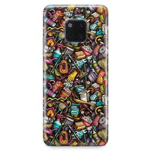 Huawei Mate 20 Pro Kılıf Temizlik Malzemeleri Doodle Arka Kapak Koruma Desenli Full Koruyucu