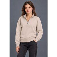 Üç İplik İçi Şardonlu Dik Yaka Yarım Fermuarlı Kışlık Sweatshirt - Bej
