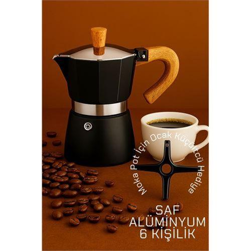 Zhltools Italyan Moka Pot - 6061 Saf Alüminyum  Ahşap Saplı - 6 kişilik SİYAH