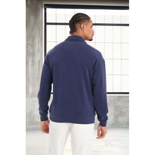 Scuba Modal Kumaş Relaxed Fit Yarım Fermuarlı Polo Yaka Erkek Sweatshirt - Lacivert
