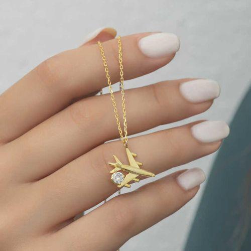 Lucky Life 925 Ayar Gumuss Gold Tek Taşlı Uçak Lucky Life Lucky Life Kadın Kolye