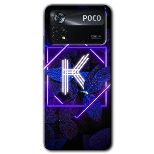 MRCİLETİSİM Poco x4 Pro Kılıf HD Desen Baskılı Arka Kapak + Temperli Cam - Dark Neon Yaprak K Harfi