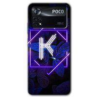 MRCİLETİSİM Poco x4 Pro Kılıf HD Desen Baskılı Arka Kapak + Temperli Cam - Dark Neon Yaprak K Harfi