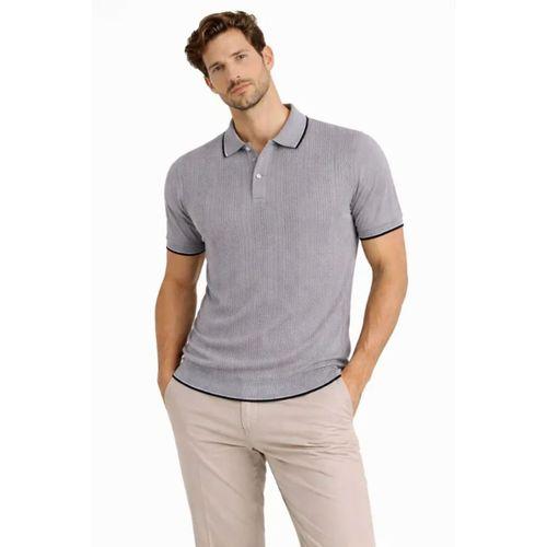 Erkek Düğmeli Yaka Triko Dokuma Tişört Desenli Yazlık Şık Günlük Triko Tişört - Gri