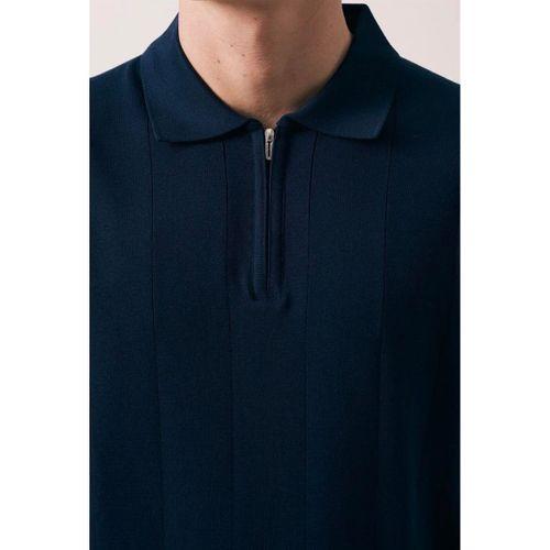 Ritchie Fermuarlı Polo Yaka Dikey Çizgili Kısa Kollu İnce Triko Erkek T-Shirt - Lacivert