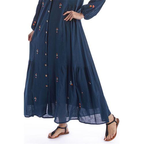 Uzun Kol Petrol Nakışlı Püskül Bağcıklı Hakim Yaka Yazlık Şile Bezi Uzun Elbise