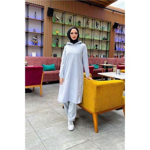 Kapşonlu Yandat Çıtçıtlı Sade Basic Uzun Tunik ve Pantolon İkili Spor Takım - 03071.008 - Gri