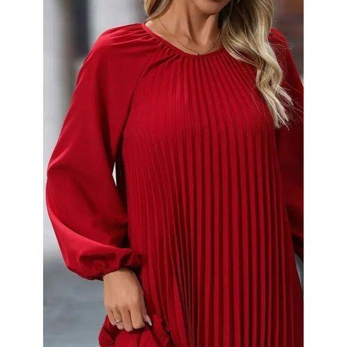 Kadın Uzun Kollu Yuvarlak Yaka Pileli Salaş Mini Ithal Krep Elbise