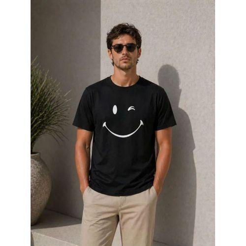 Erkek Minimal Gülümseyen Yüz Baskılı Tişört Kısa Kol Yazlık T-Shirt - Siyah