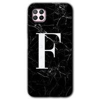 MRCİLETİSİM Huawei P40 Lite Kılıf Baskılı Kapak - Siyah Mermer Desenli F Harfi + 5D Tam Kaplayan Cam