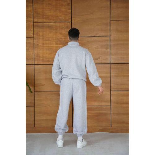 Erkek Premium Parçalı Eşofman Takım - Dik Yaka Fermuarlı Biyeli Sweatshirt Lastik Paça Alt, Oversize 3 Iplik Şardonlu - Gri