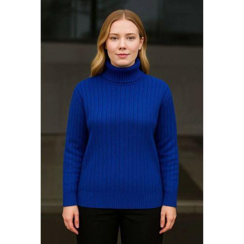 Balıkcı Yaka Bağazlı Triko Kazak Pamuklu Kalın Fitilli Dokuma - Saks Mavisi