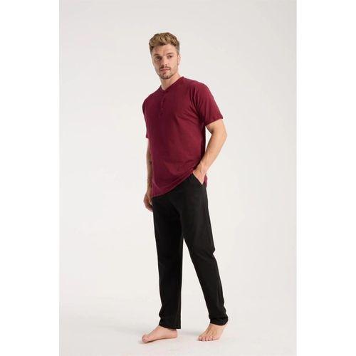Erkek Bordo Düğmeli Yaka Kısa Kol Pijama Takımı