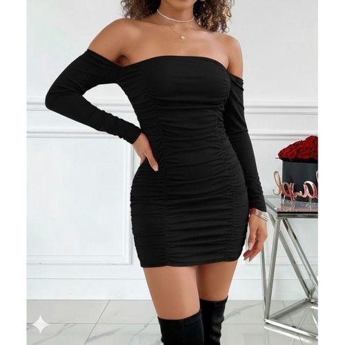 Kadın Uzun Kollu Omuzlardan Açık Takma Kollu Büzgülü Sandy Kısa Elbise