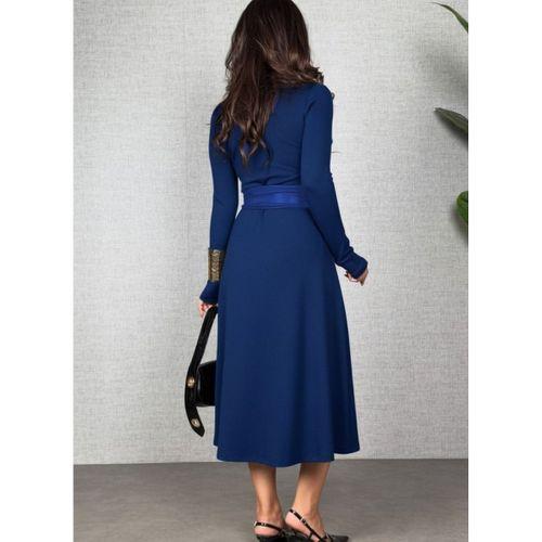 Kadın Uzun Kollu Yakalı Belden Deri Detaylı Kuşaklı Yırtmaçlı Midi Viskon Iki Iplik Elbise