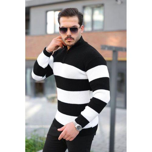 Erkek Şerit Renk Desenli Zip Yaka Kazak