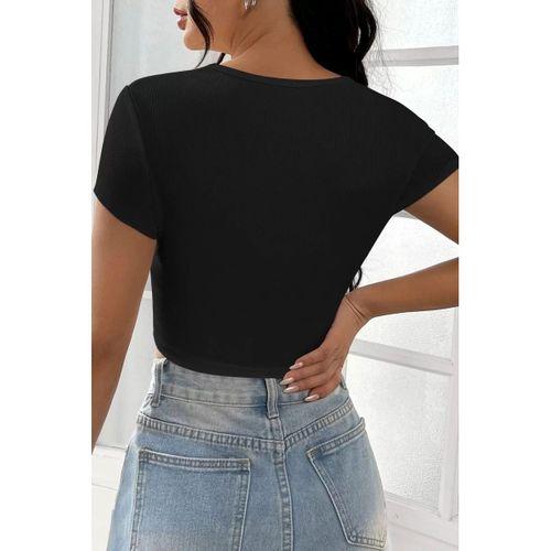 Kadın Siyah Yarım Kol Düz Yaka Crop Top Bluz