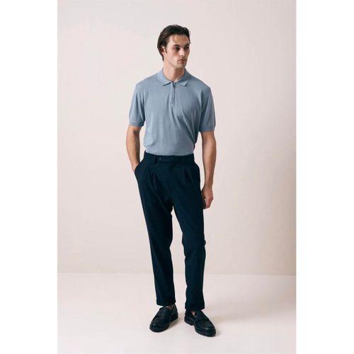 Linus Fermuarlı Polo Yaka Kısa Kollu İnce Triko Erkek T-Shirt - Soğuk Mavi