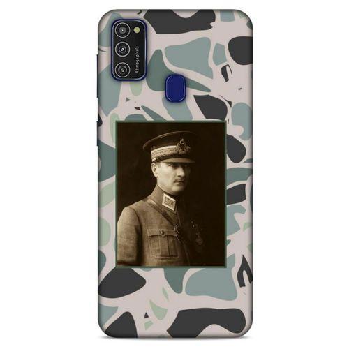 Samsung Galaxy M21 Kılıf Atatürk (16) Kalın Kılıf Kamuflaj Açık Yeşil